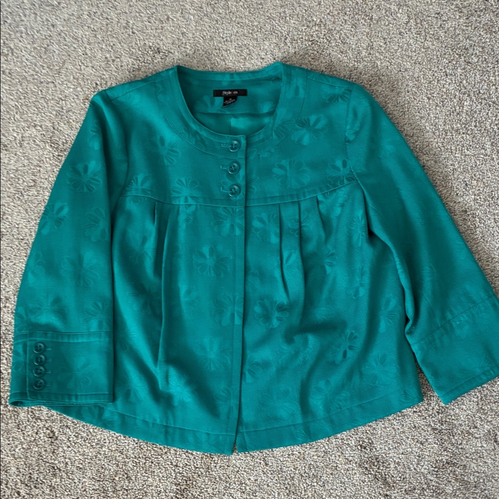 Teal Floral Jacquard Button Front Jacket